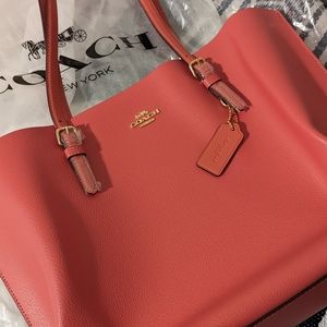 Coach Mollie Tote Laptop Bag Watermelon pink Leather Large Purse